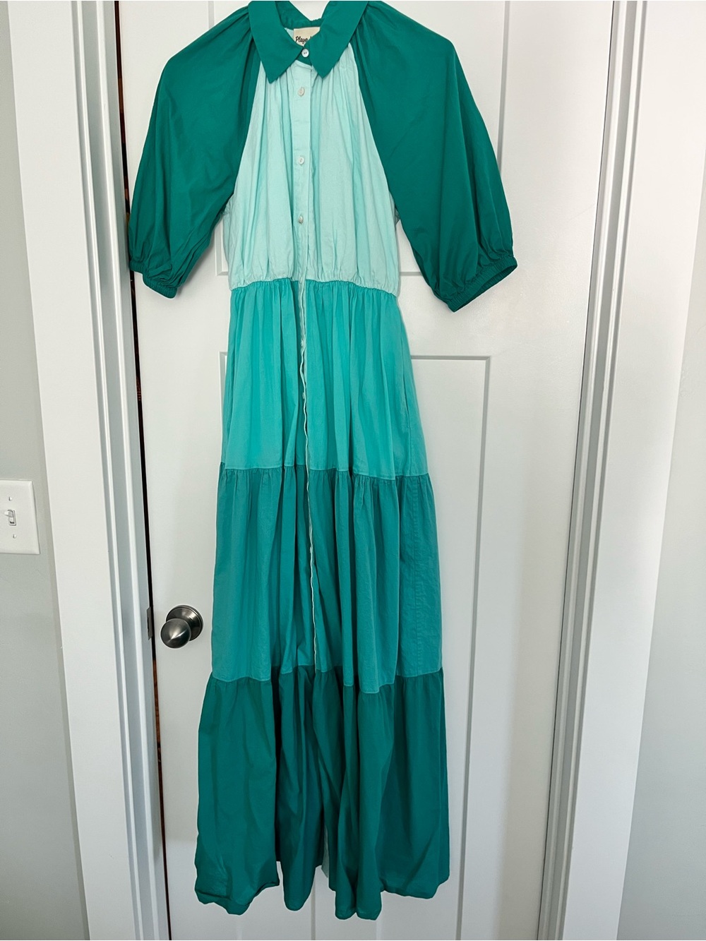 Tiered Teal Maxi Dress with Short Puff Sleeves